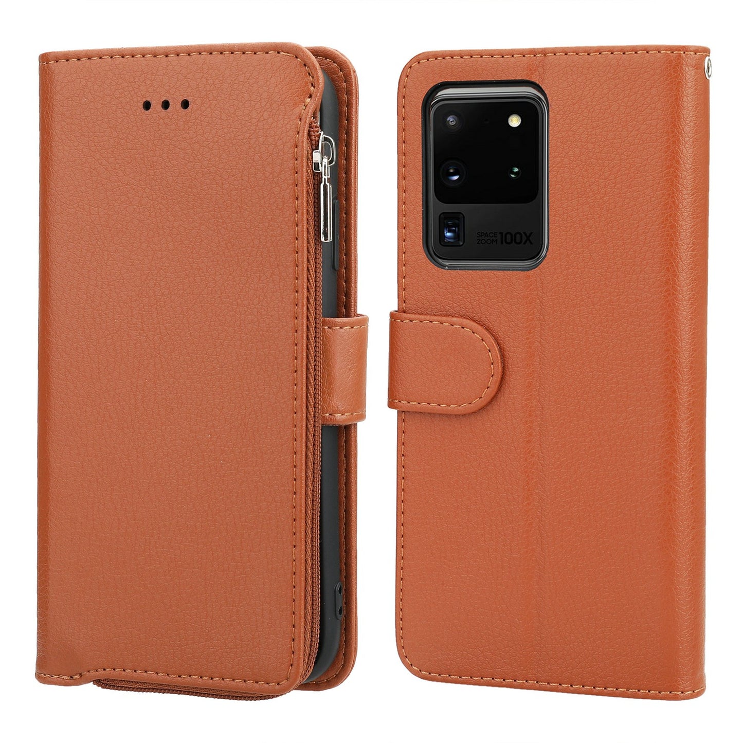 Microfiber Leather Phone Case Zipper Pocket Wallet for Samsung Galaxy S20 Ultra - Brown