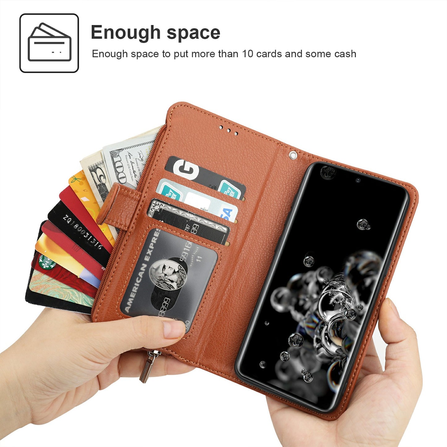 Microfiber Leather Phone Case Zipper Pocket Wallet for Samsung Galaxy S20 Ultra - Brown
