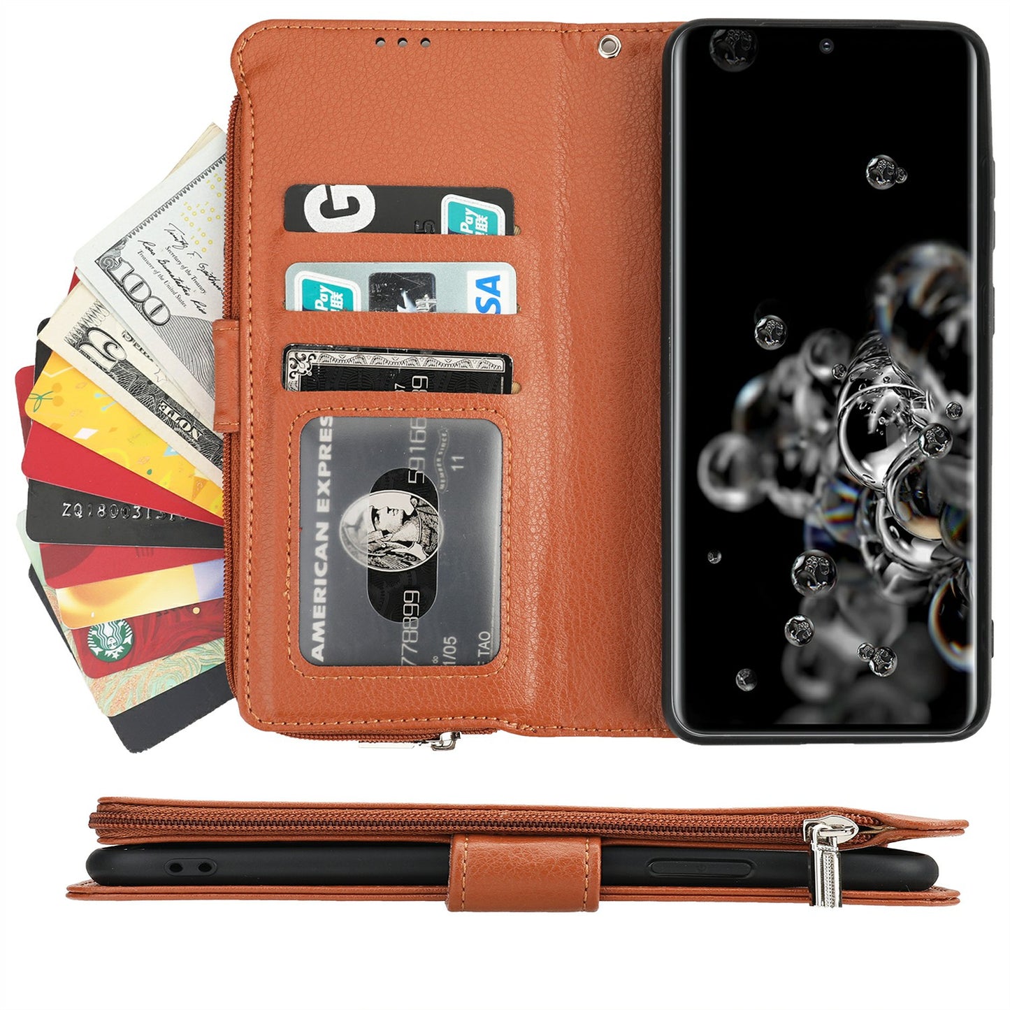 Microfiber Leather Phone Case Zipper Pocket Wallet for Samsung Galaxy S20 Ultra - Brown