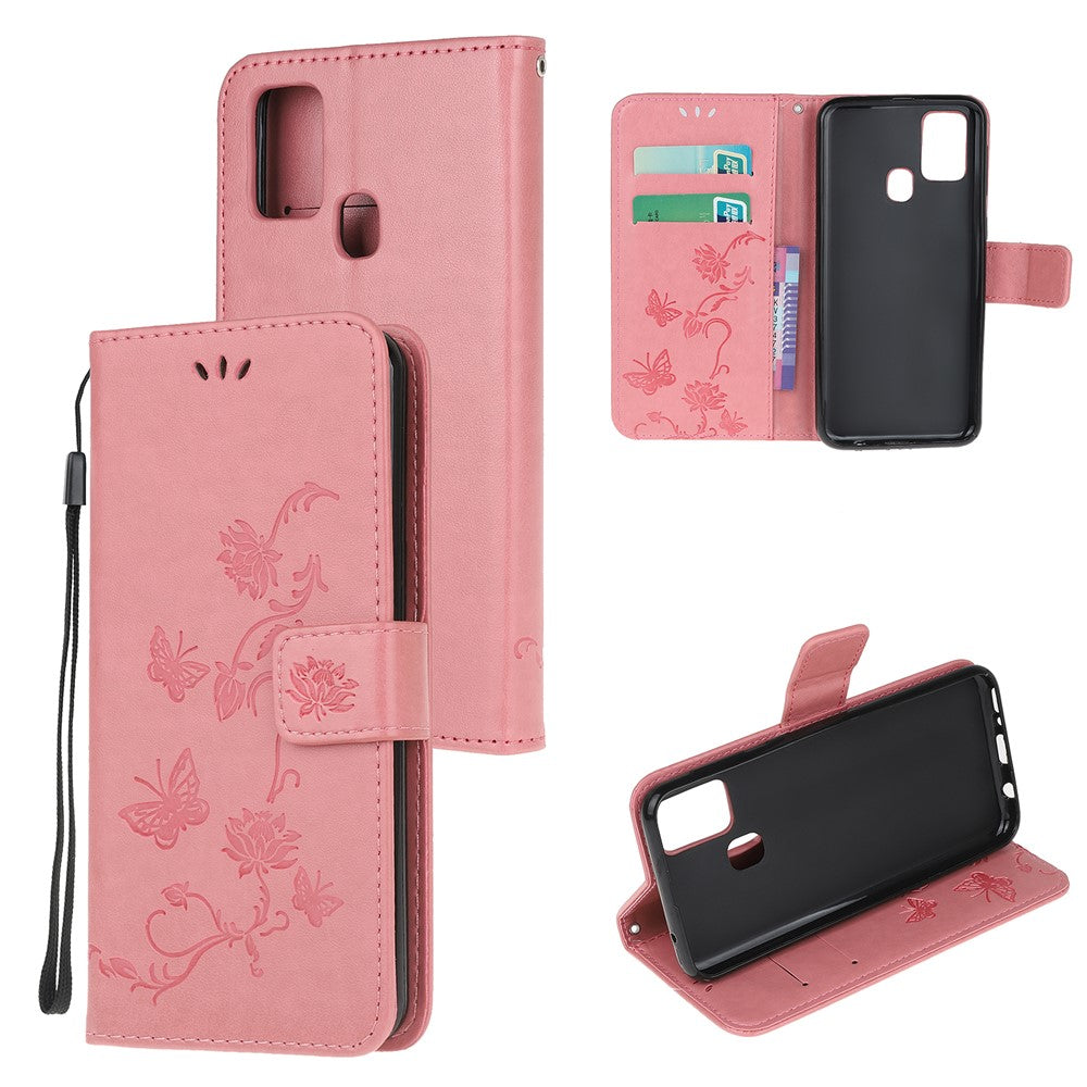 Imprint Butterfly Flower Wallet Leather Cell Phone Case for Samsung Galaxy M21/M30s - Pink