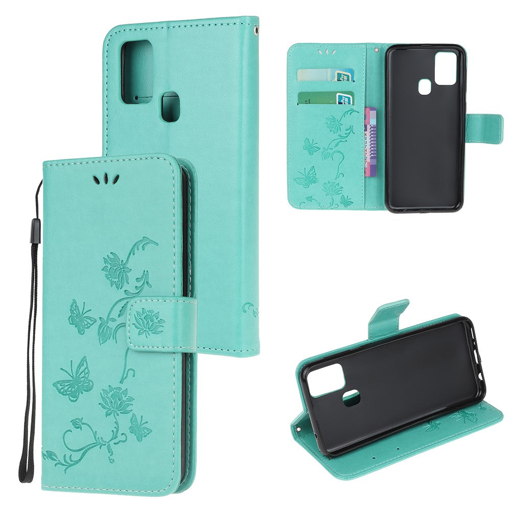Imprint Butterfly Flower Wallet Leather Cell Phone Case for Samsung Galaxy M21/M30s - Cyan