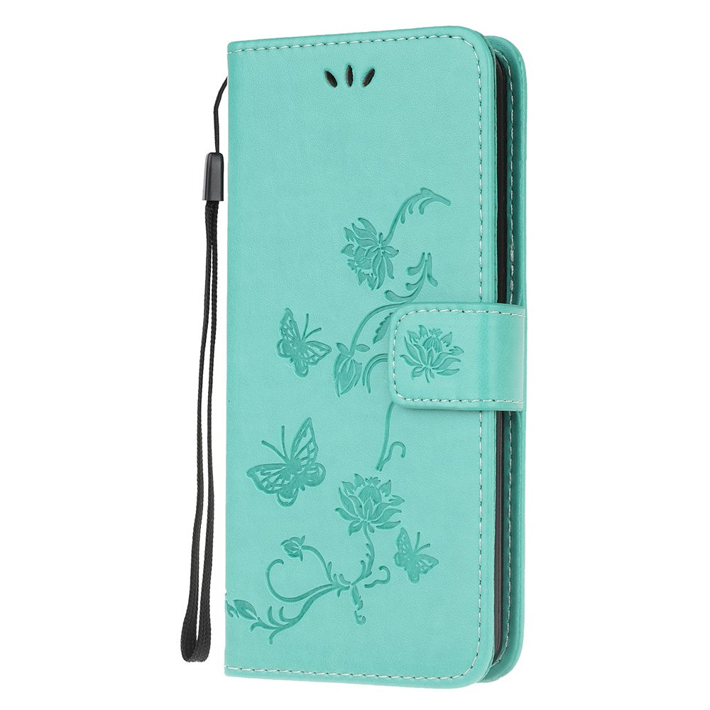 Imprint Butterfly Flower Wallet Leather Cell Phone Case for Samsung Galaxy M21/M30s - Cyan