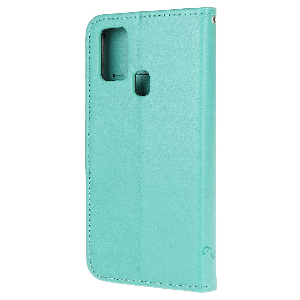 Imprint Butterfly Flower Wallet Leather Cell Phone Case for Samsung Galaxy M21/M30s - Cyan