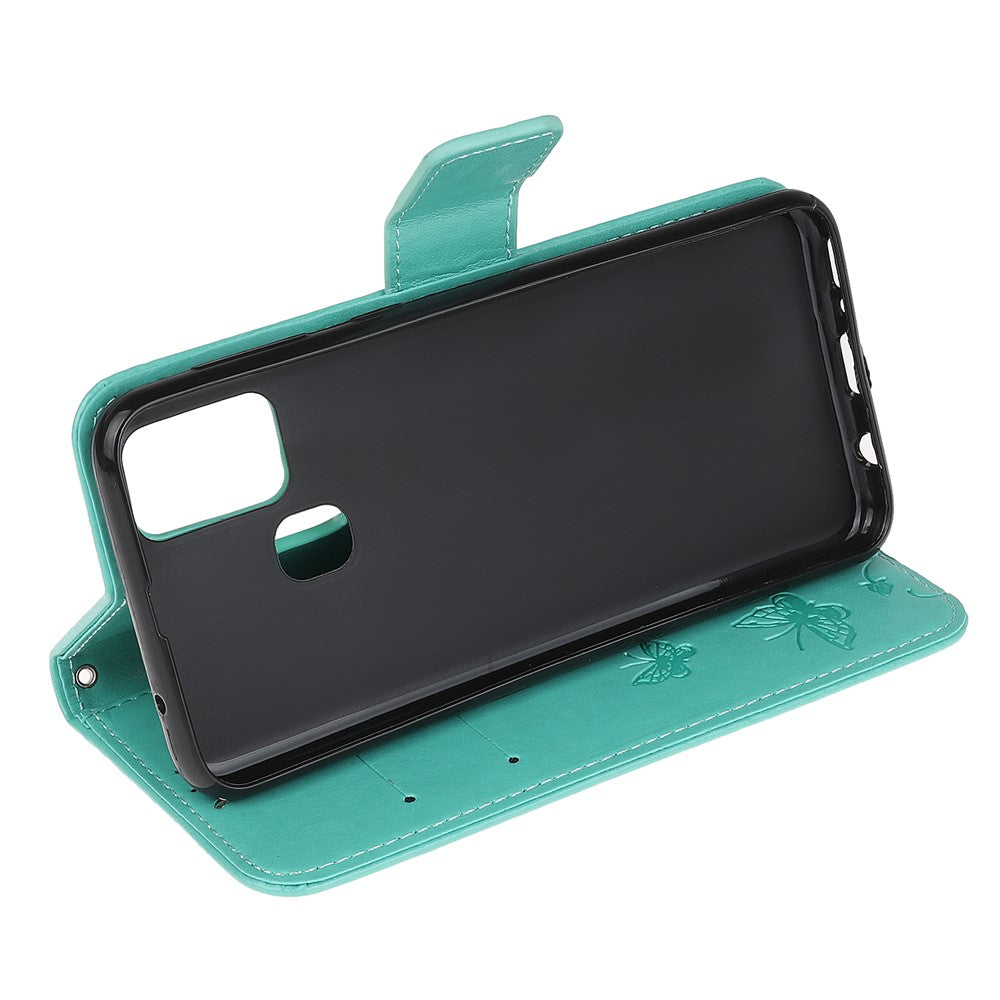 Imprint Butterfly Flower Wallet Leather Cell Phone Case for Samsung Galaxy M21/M30s - Cyan