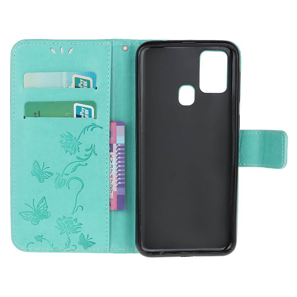 Imprint Butterfly Flower Wallet Leather Cell Phone Case for Samsung Galaxy M21/M30s - Cyan