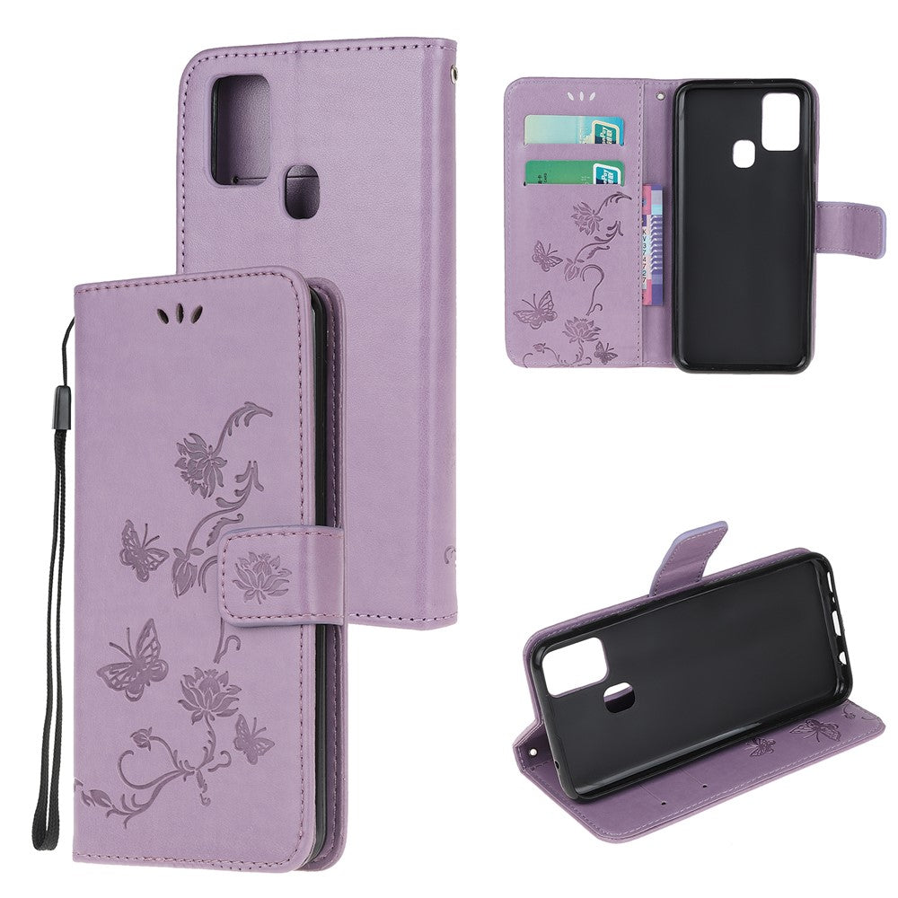 Imprint Butterfly Flower Wallet Leather Cell Phone Case for Samsung Galaxy M21/M30s - Light Purple