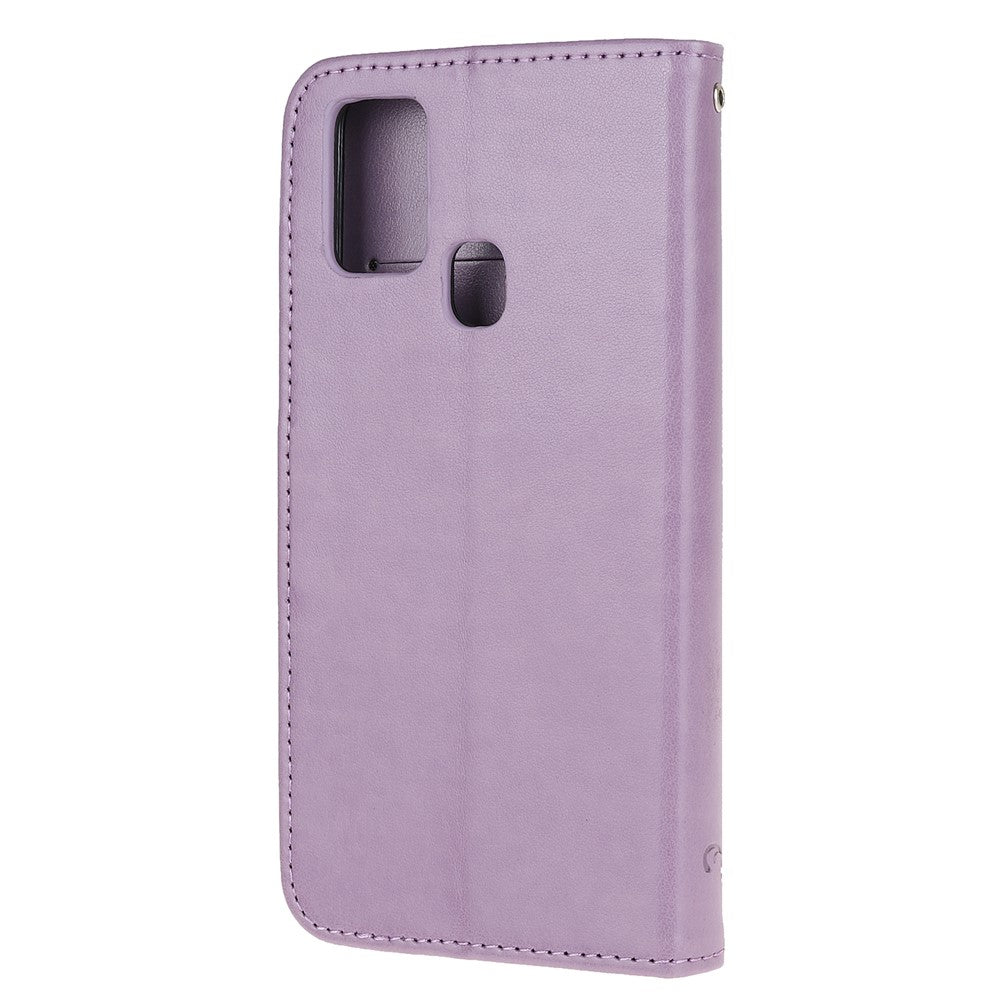 Imprint Butterfly Flower Wallet Leather Cell Phone Case for Samsung Galaxy M21/M30s - Light Purple