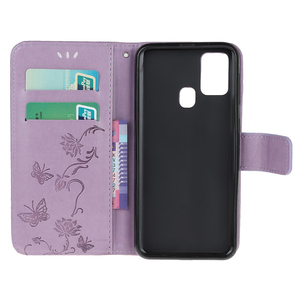 Imprint Butterfly Flower Wallet Leather Cell Phone Case for Samsung Galaxy M21/M30s - Light Purple