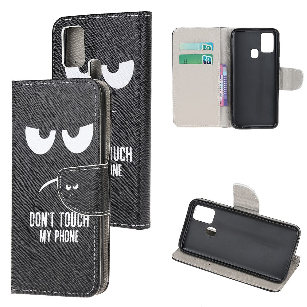 Cross Texture Pattern Printing Leather Wallet Cover with Strap for Samsung Galaxy M21 - Don't Touch My Phone