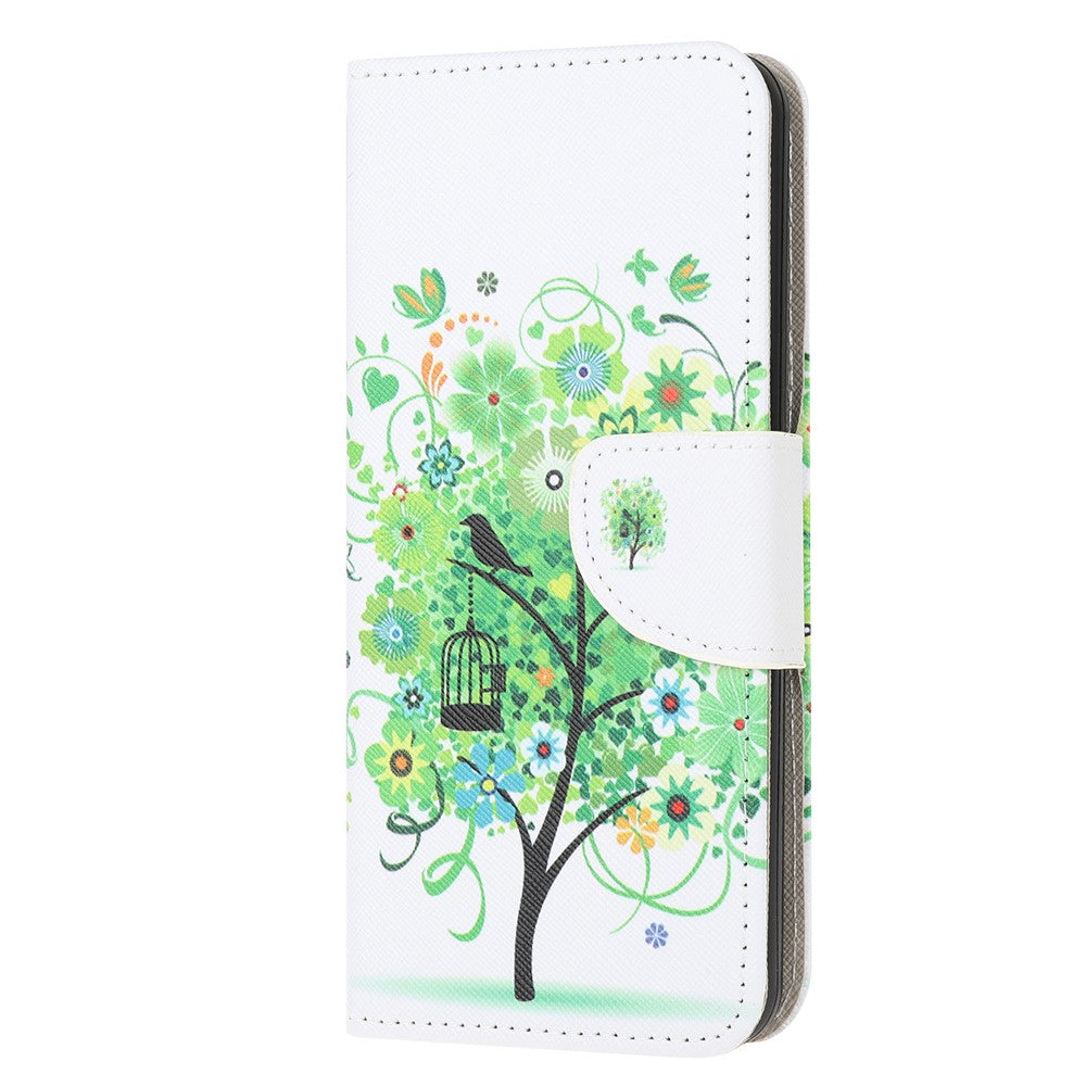 Cross Texture Pattern Printing Leather Wallet Cover with Strap for Samsung Galaxy M21 - Green Tree with Birdcage