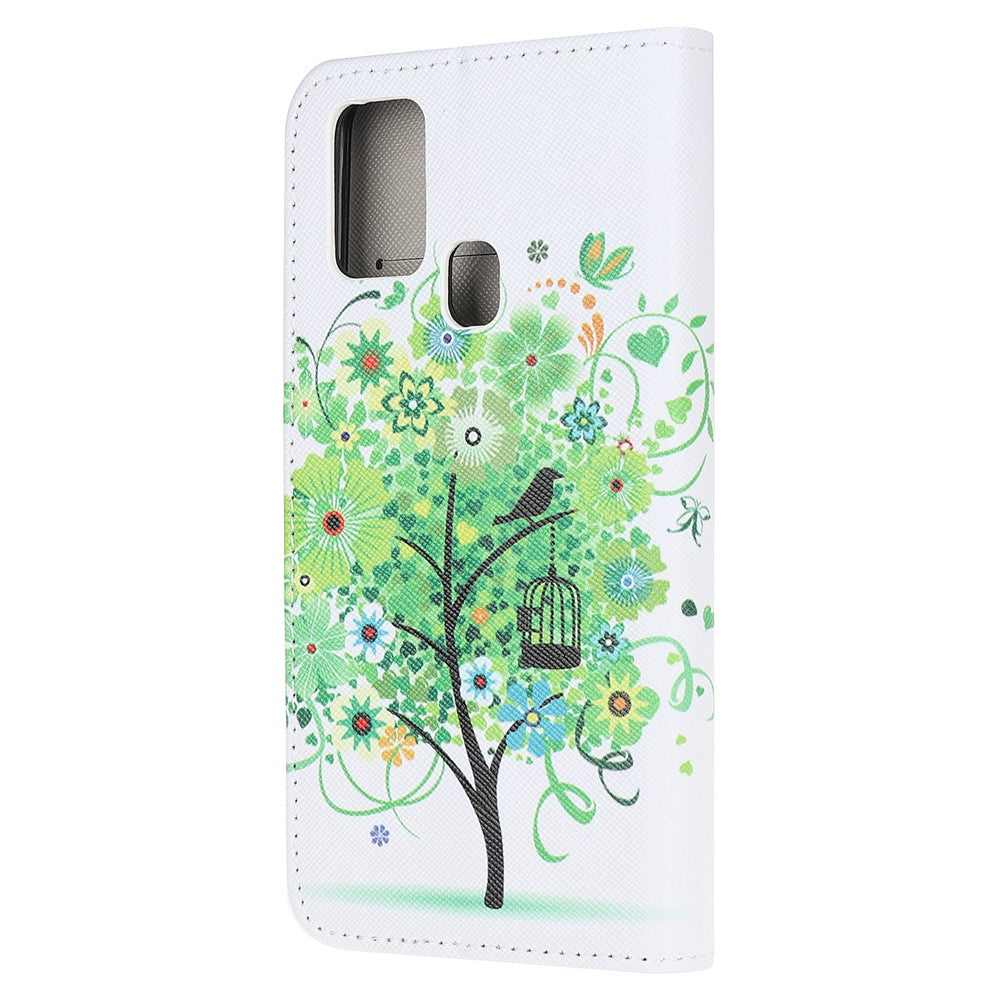 Cross Texture Pattern Printing Leather Wallet Cover with Strap for Samsung Galaxy M21 - Green Tree with Birdcage
