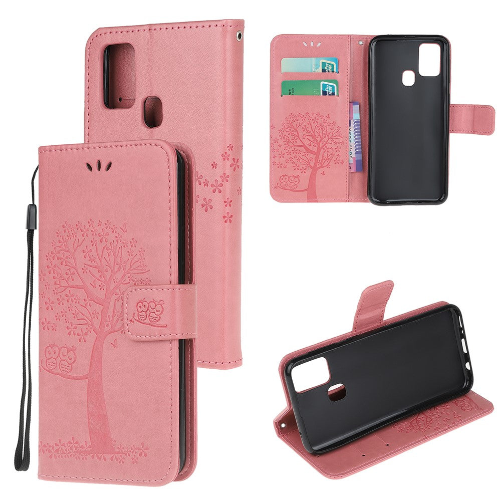 Imprint Tree Owl Leather Stylish Wallet Stand Case for Samsung Galaxy M21/M30s - Pink
