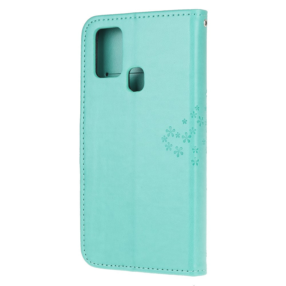 Imprint Tree Owl Leather Stylish Wallet Stand Case for Samsung Galaxy M21/M30s - Cyan