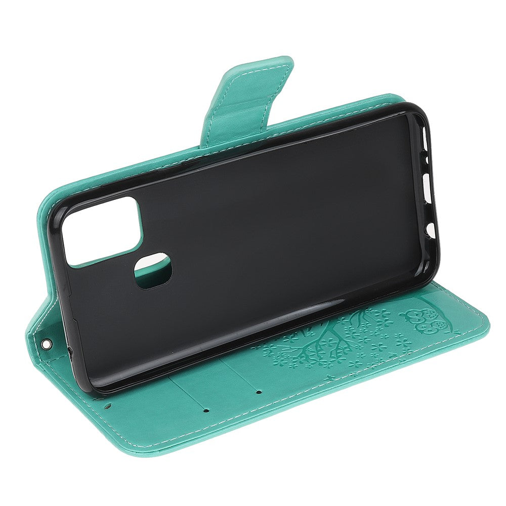 Imprint Tree Owl Leather Stylish Wallet Stand Case for Samsung Galaxy M21/M30s - Cyan