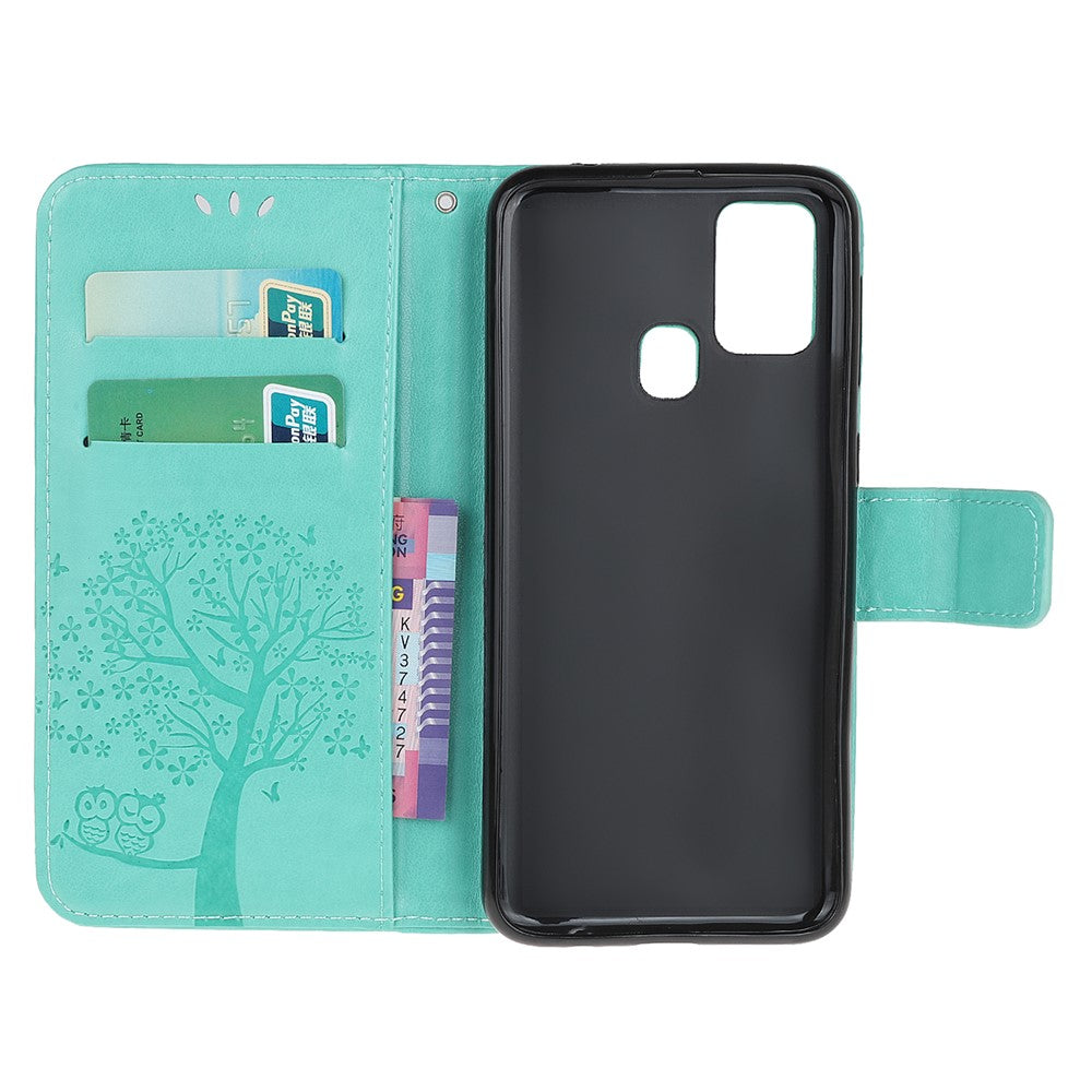 Imprint Tree Owl Leather Stylish Wallet Stand Case for Samsung Galaxy M21/M30s - Cyan