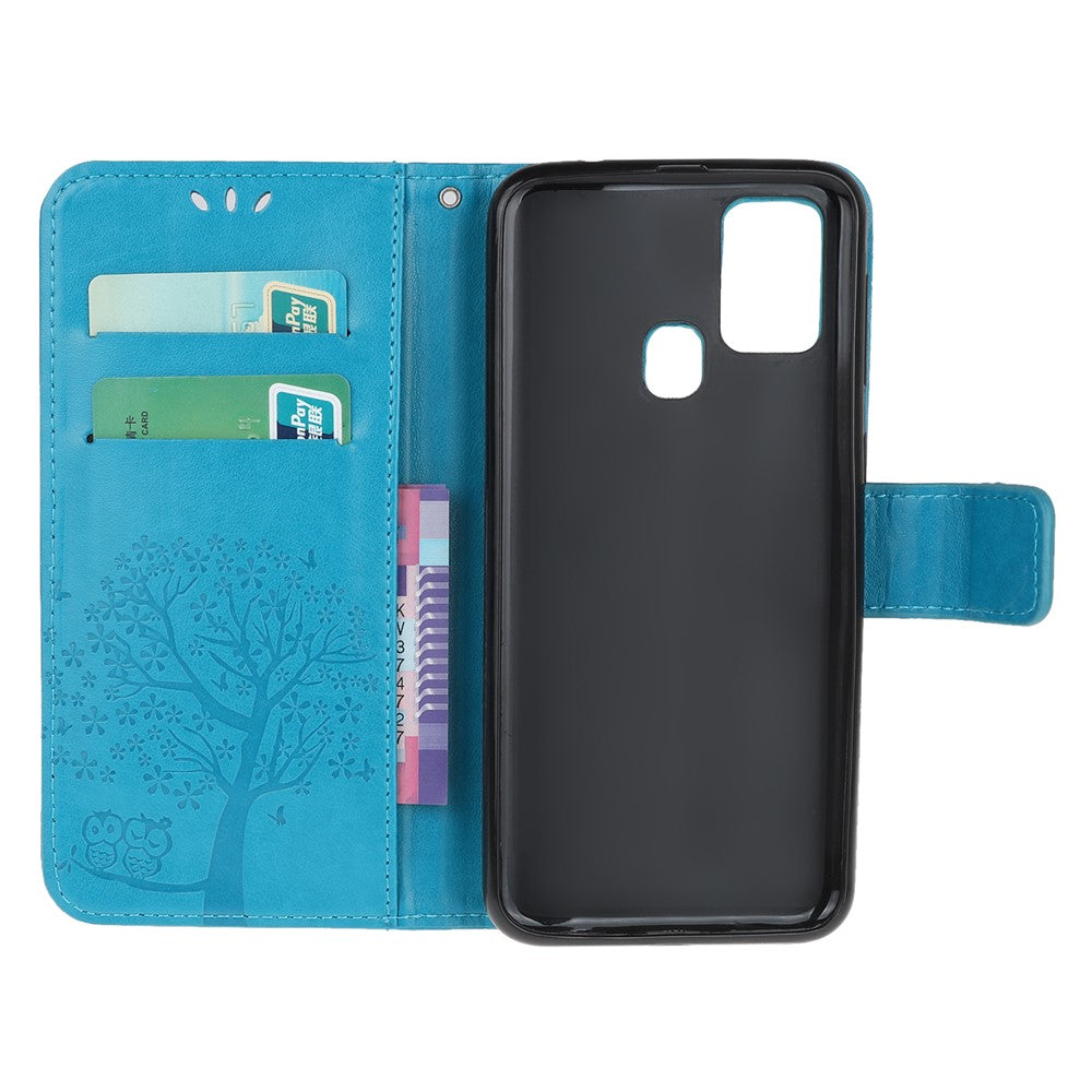 Imprint Tree Owl Leather Stylish Wallet Stand Case for Samsung Galaxy M21/M30s - Blue