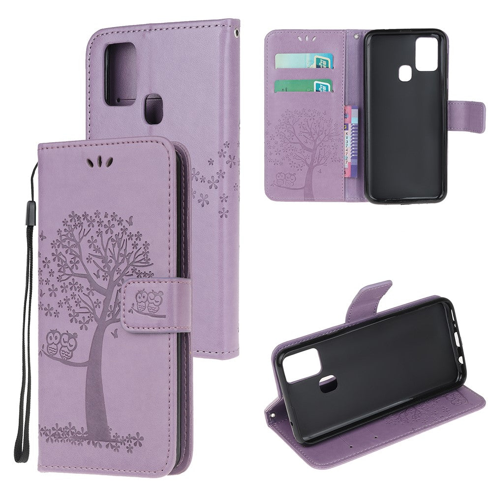 Imprint Tree Owl Leather Stylish Wallet Stand Case for Samsung Galaxy M21/M30s - Light Purple