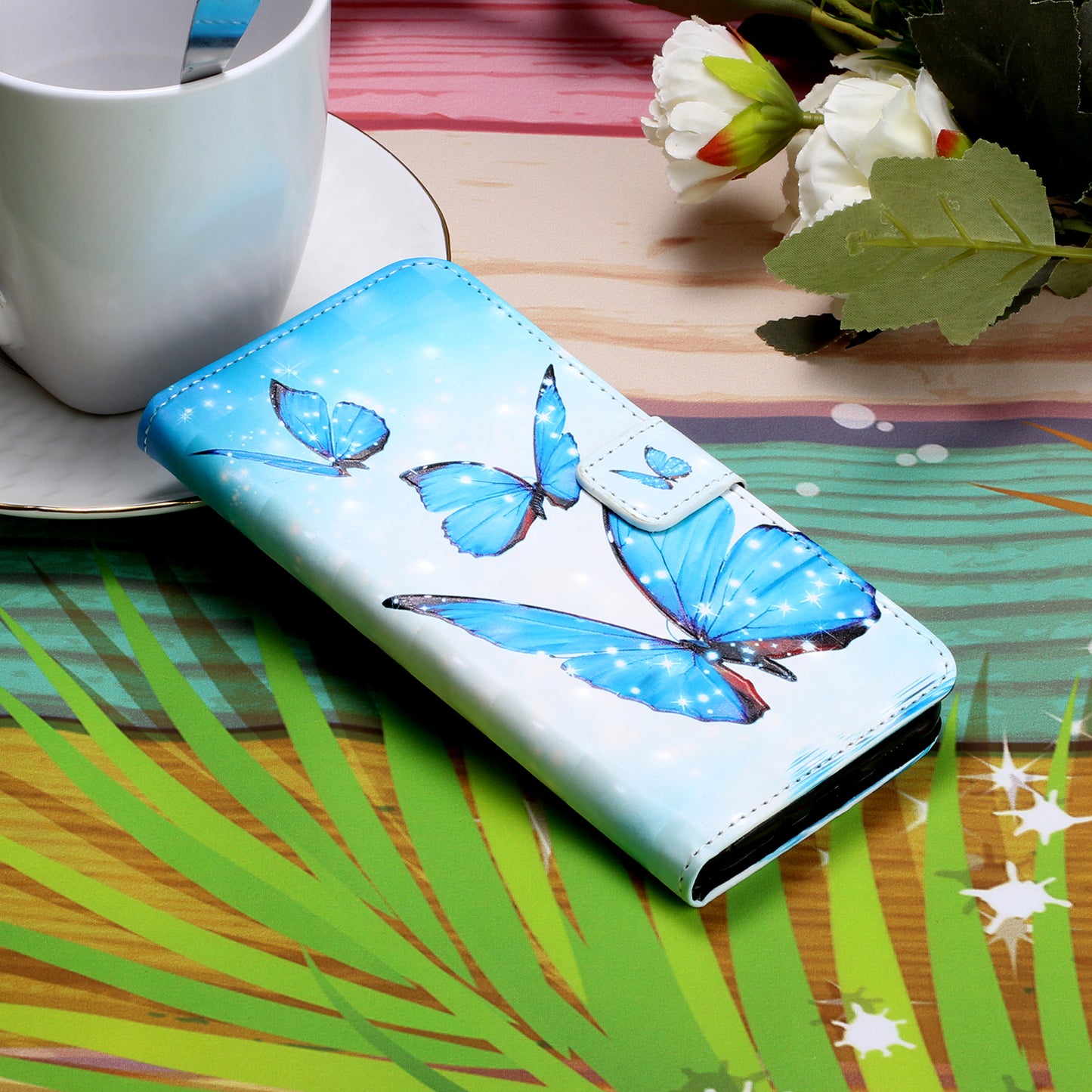 Light Spot Decor Pattern Printing Wallet Leather Mobile Case for Samsung Galaxy S20 Plus - Blue Butterfly