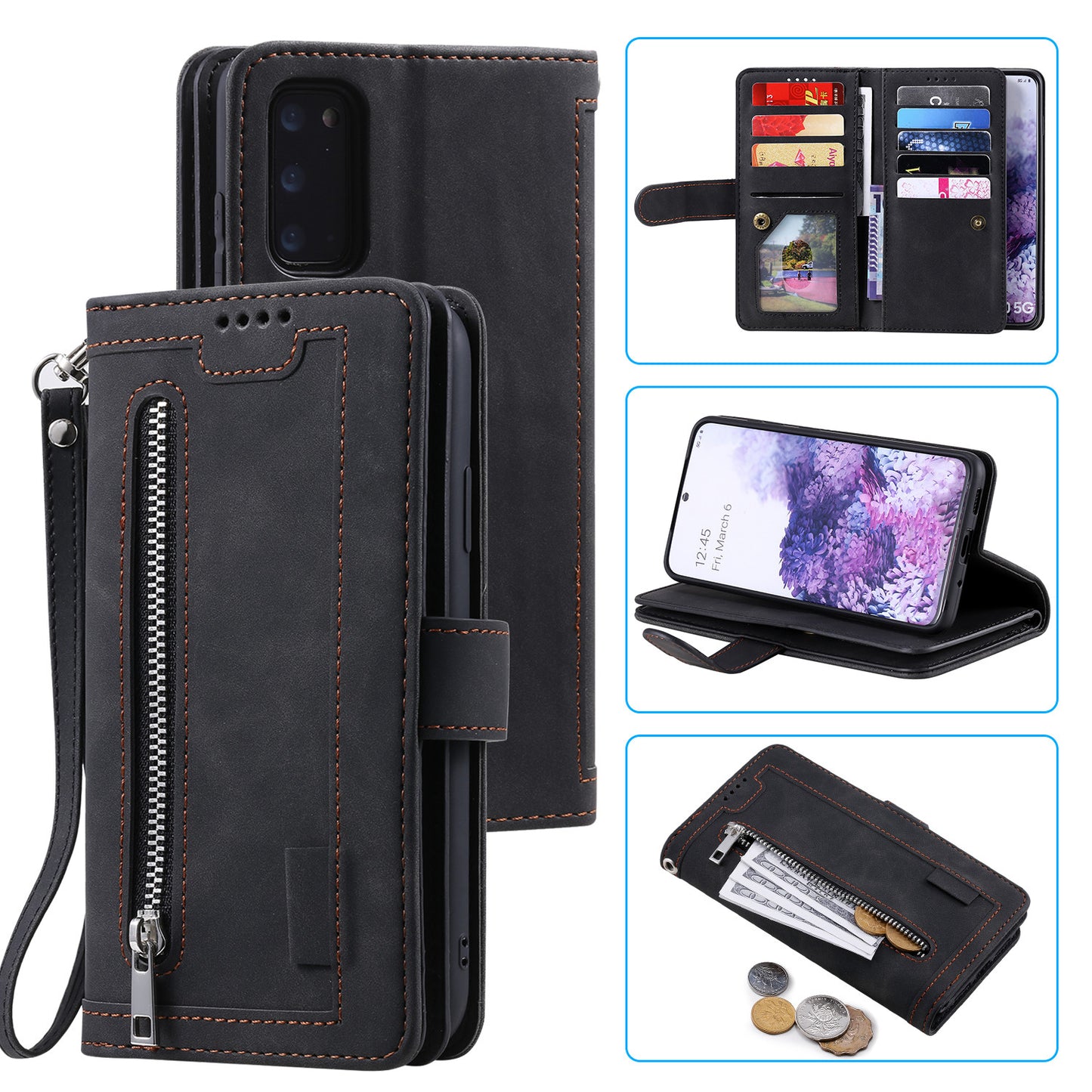 Zipper Pocket Wallet Stand Flip Leather Cell Phone Cover Casing for Samsung Galaxy S20 Plus/S20 Plus 5G - Black