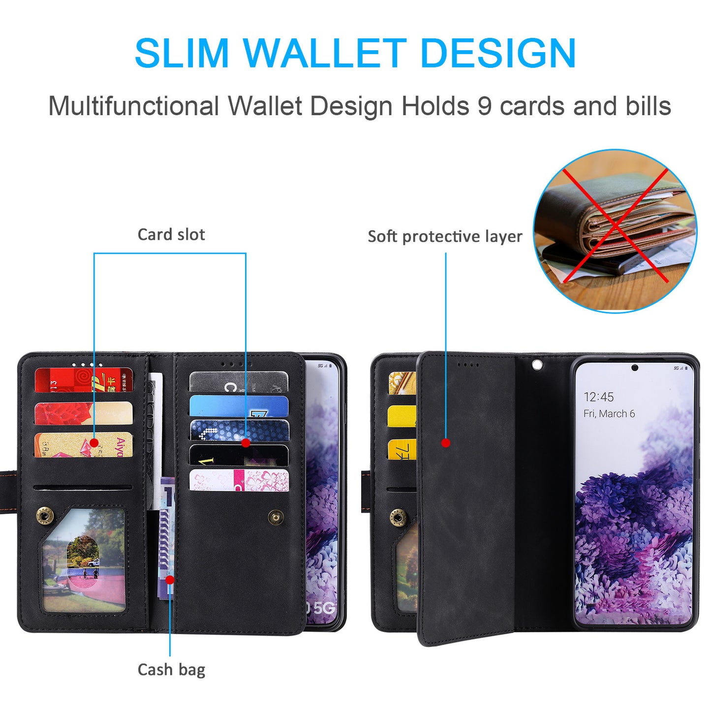 Zipper Pocket Wallet Stand Flip Leather Cell Phone Cover Casing for Samsung Galaxy S20 Plus/S20 Plus 5G - Black