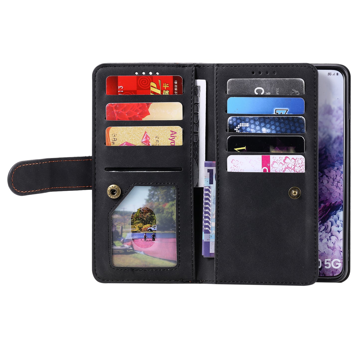 Zipper Pocket Wallet Stand Flip Leather Cell Phone Cover Casing for Samsung Galaxy S20 Plus/S20 Plus 5G - Black