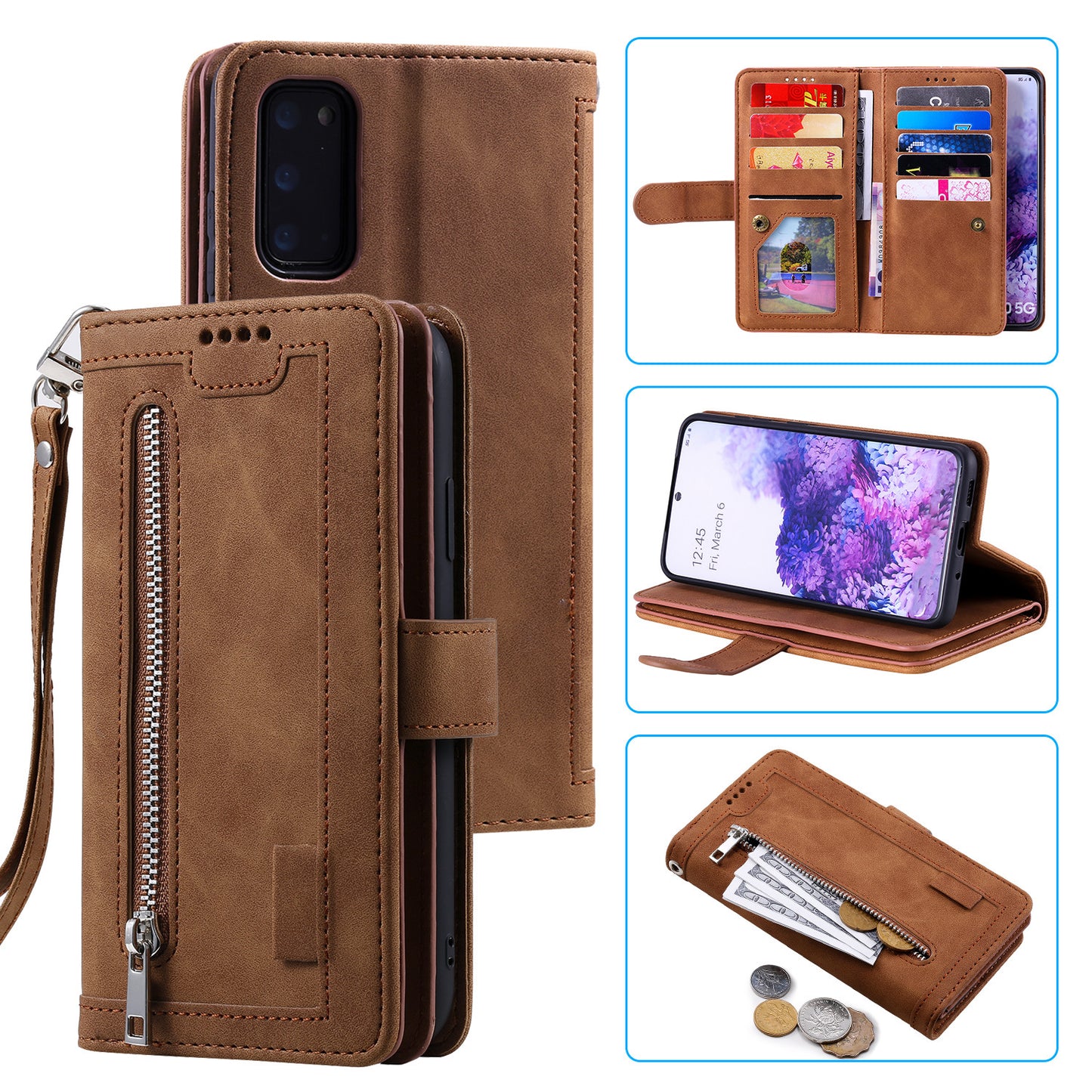 Zipper Pocket Wallet Stand Flip Leather Cell Phone Cover Casing for Samsung Galaxy S20 Plus/S20 Plus 5G - Brown