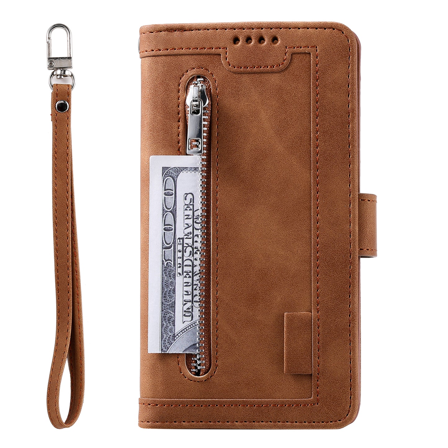 Zipper Pocket Wallet Stand Flip Leather Cell Phone Cover Casing for Samsung Galaxy S20 Plus/S20 Plus 5G - Brown