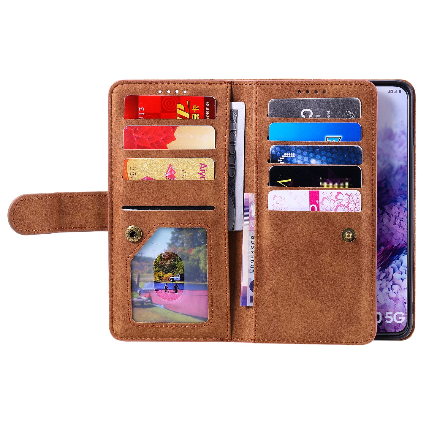 Zipper Pocket Wallet Stand Flip Leather Cell Phone Cover Casing for Samsung Galaxy S20 Plus/S20 Plus 5G - Brown