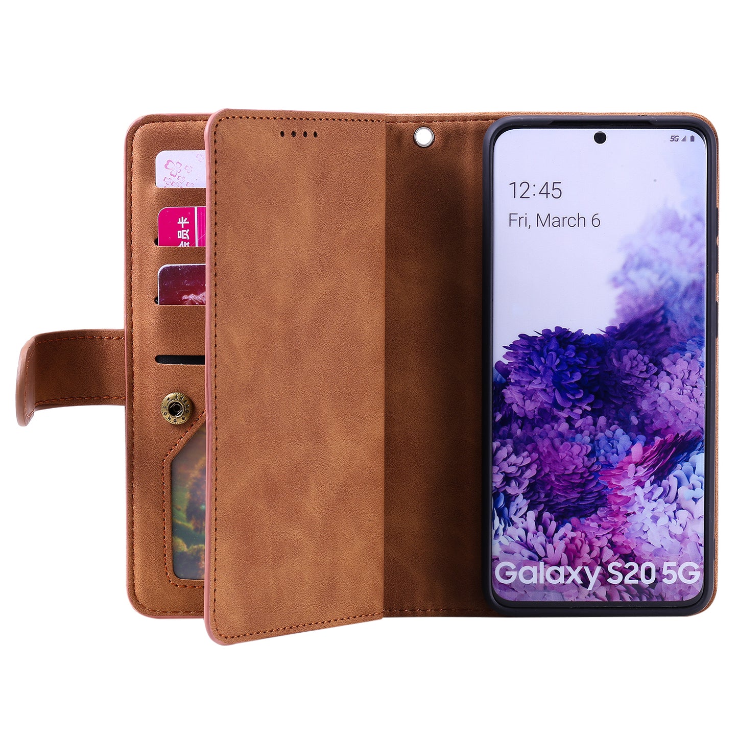 Zipper Pocket Wallet Stand Flip Leather Cell Phone Cover Casing for Samsung Galaxy S20 Plus/S20 Plus 5G - Brown
