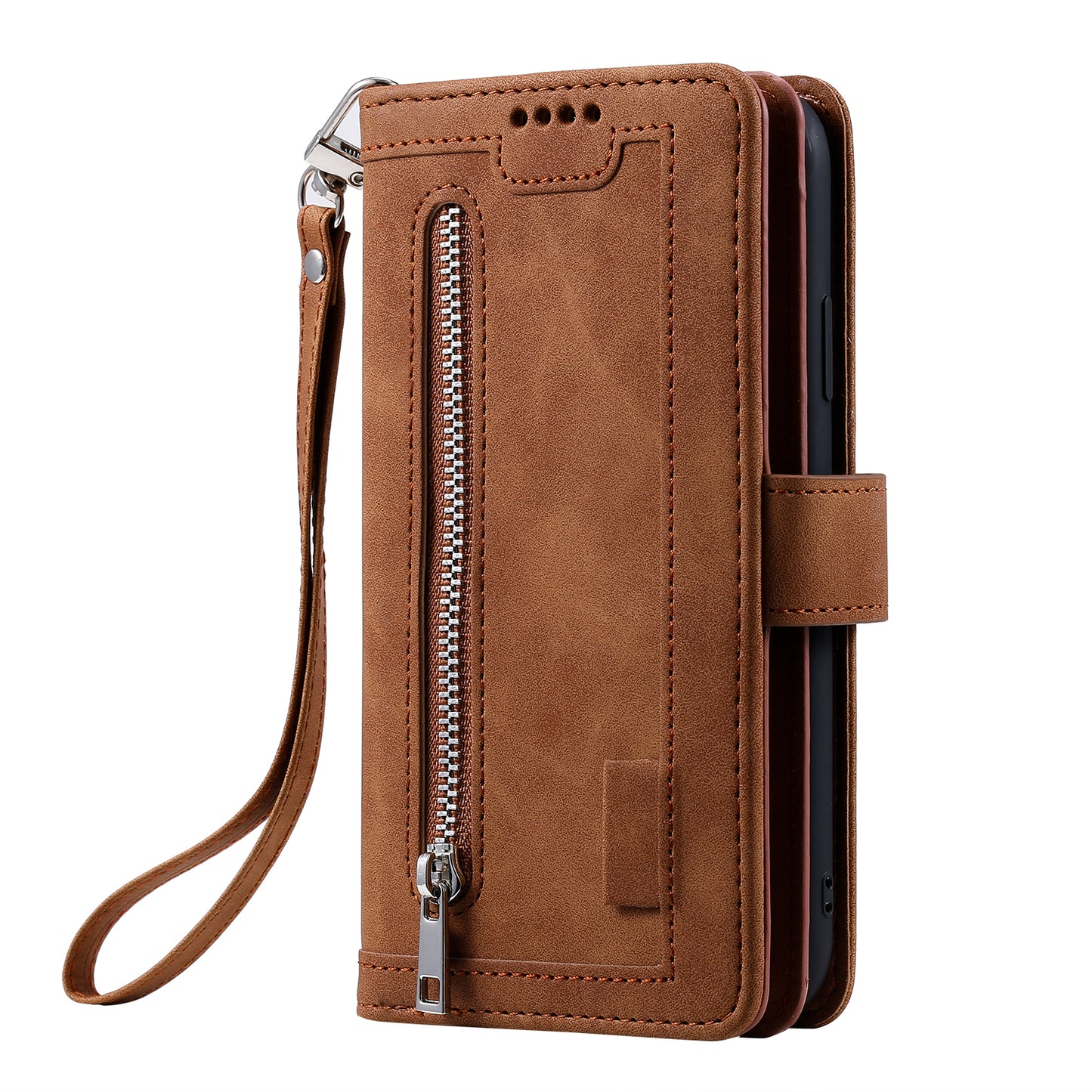 Zipper Pocket Wallet Stand Flip Leather Cell Phone Cover Casing for Samsung Galaxy S20 Plus/S20 Plus 5G - Brown