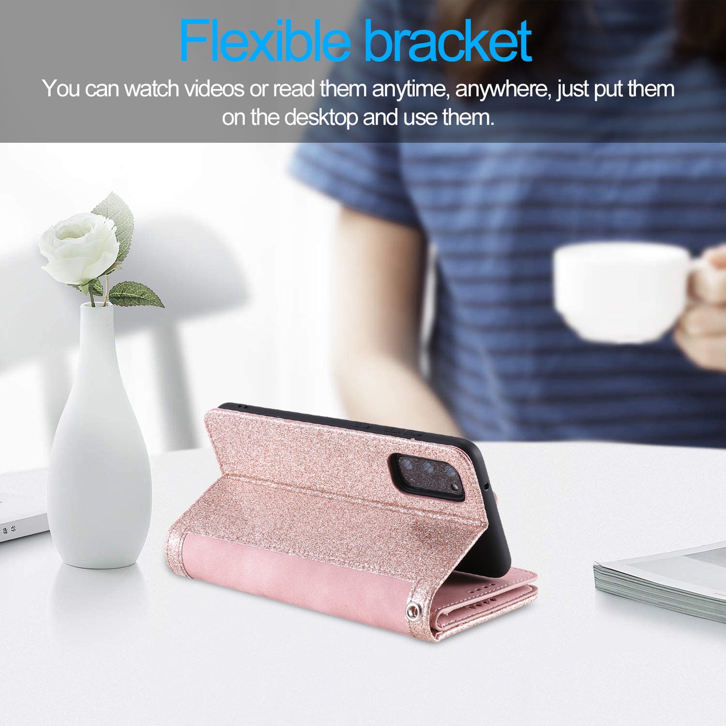 Zipper Pocket Wallet Stand Flip Leather Cell Phone Cover Casing for Samsung Galaxy S20 Plus/S20 Plus 5G - Rose Gold