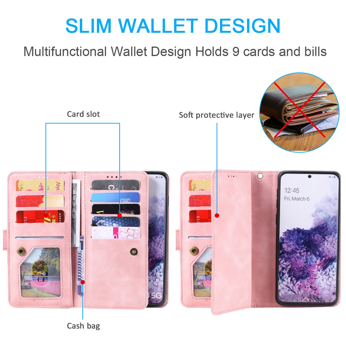 Zipper Pocket Wallet Stand Flip Leather Cell Phone Cover Casing for Samsung Galaxy S20 Plus/S20 Plus 5G - Rose Gold
