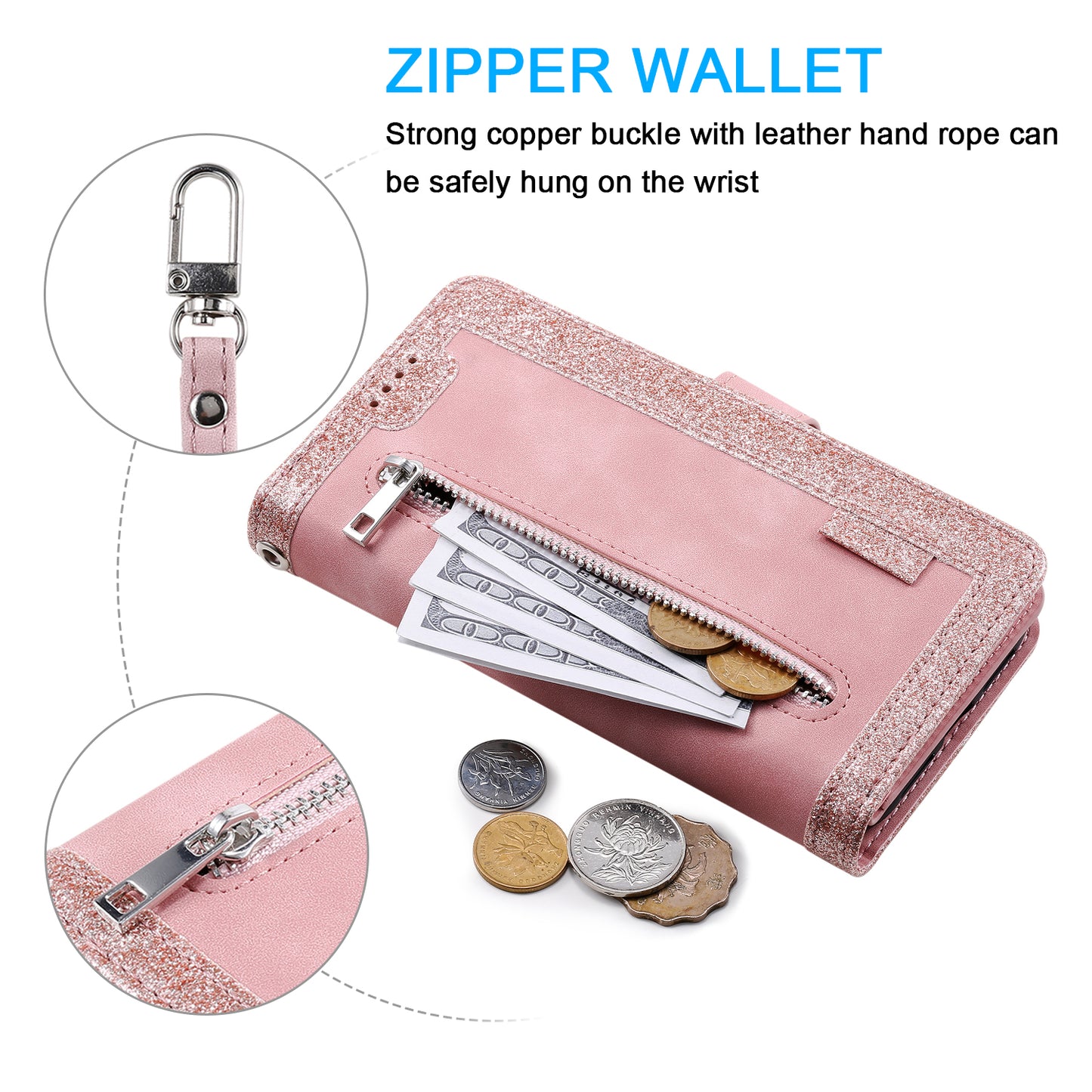 Zipper Pocket Wallet Stand Flip Leather Cell Phone Cover Casing for Samsung Galaxy S20 Plus/S20 Plus 5G - Rose Gold