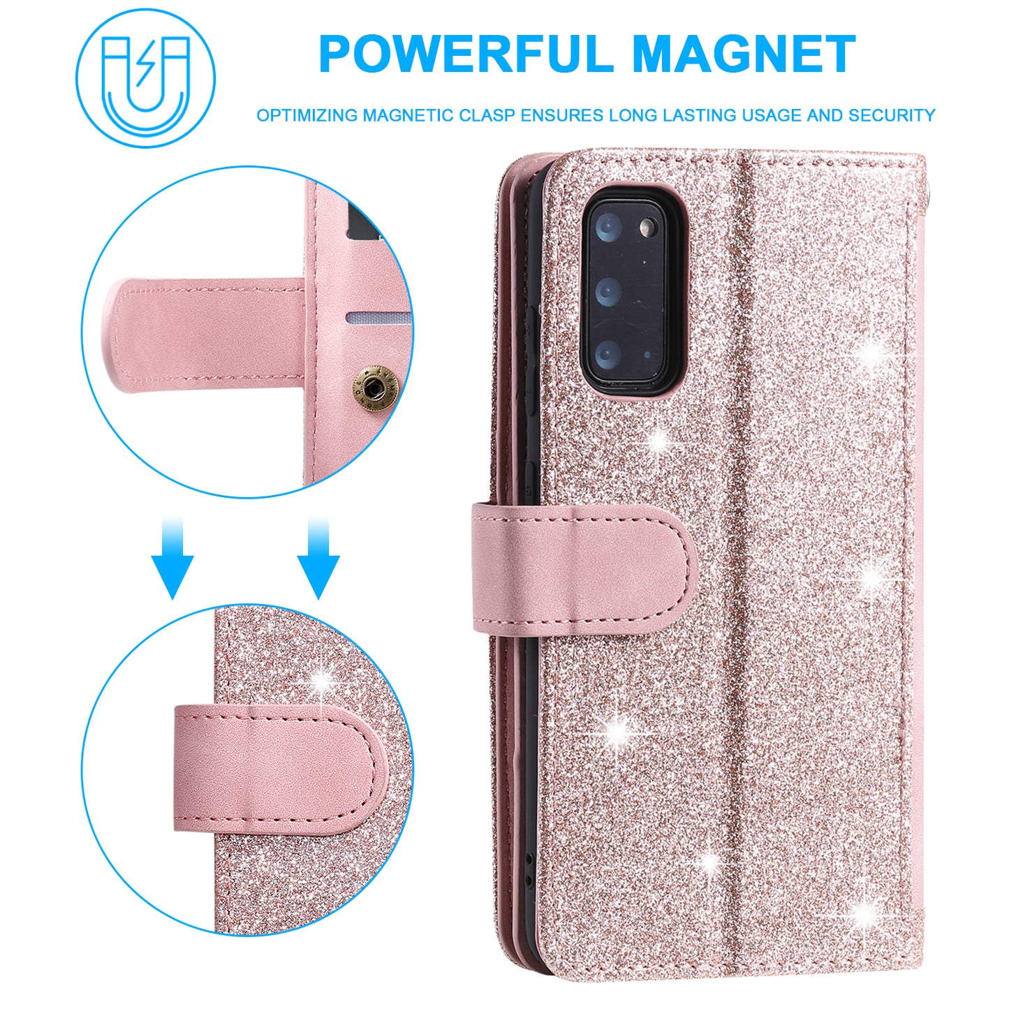 Zipper Pocket Wallet Stand Flip Leather Cell Phone Cover Casing for Samsung Galaxy S20 Plus/S20 Plus 5G - Rose Gold