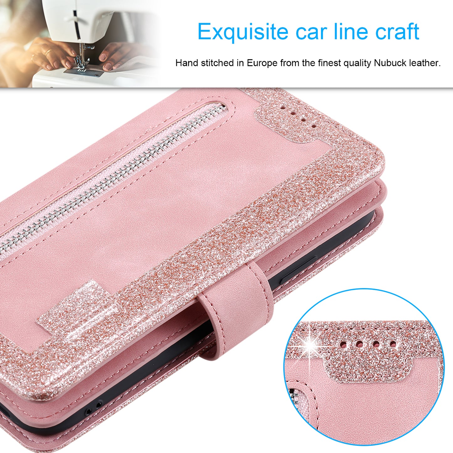 Zipper Pocket Wallet Stand Flip Leather Cell Phone Cover Casing for Samsung Galaxy S20 Plus/S20 Plus 5G - Rose Gold