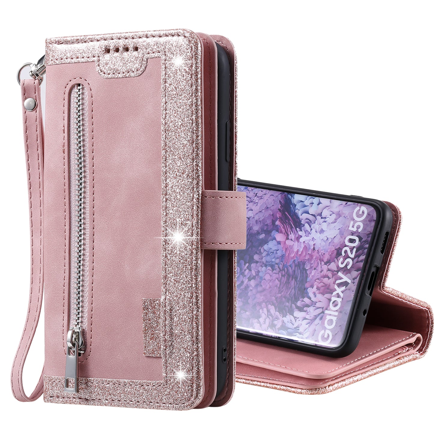 Zipper Pocket Wallet Stand Flip Leather Cell Phone Cover Casing for Samsung Galaxy S20 Plus/S20 Plus 5G - Rose Gold