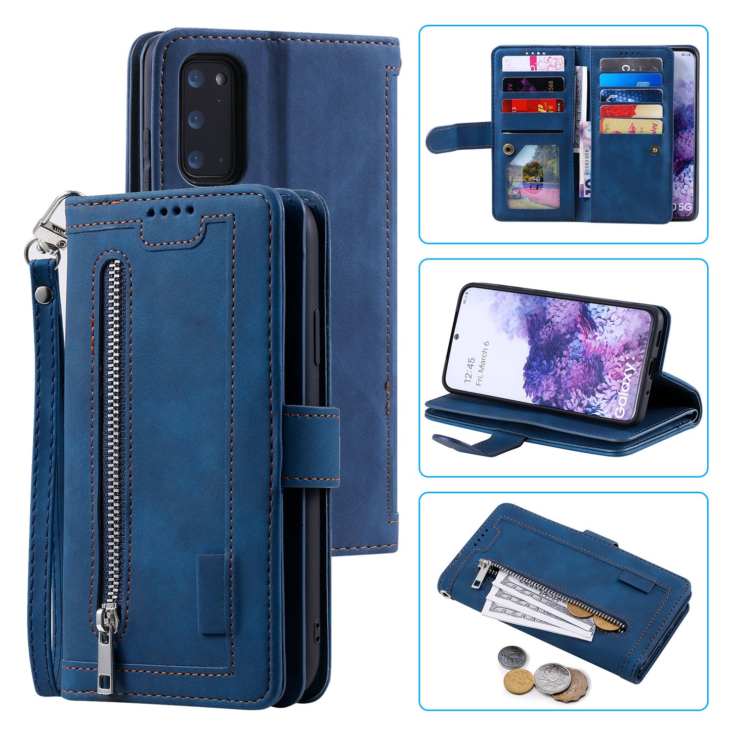 Zipper Pocket Wallet Stand Flip Leather Cell Phone Cover Casing for Samsung Galaxy S20 Plus/S20 Plus 5G - Blue