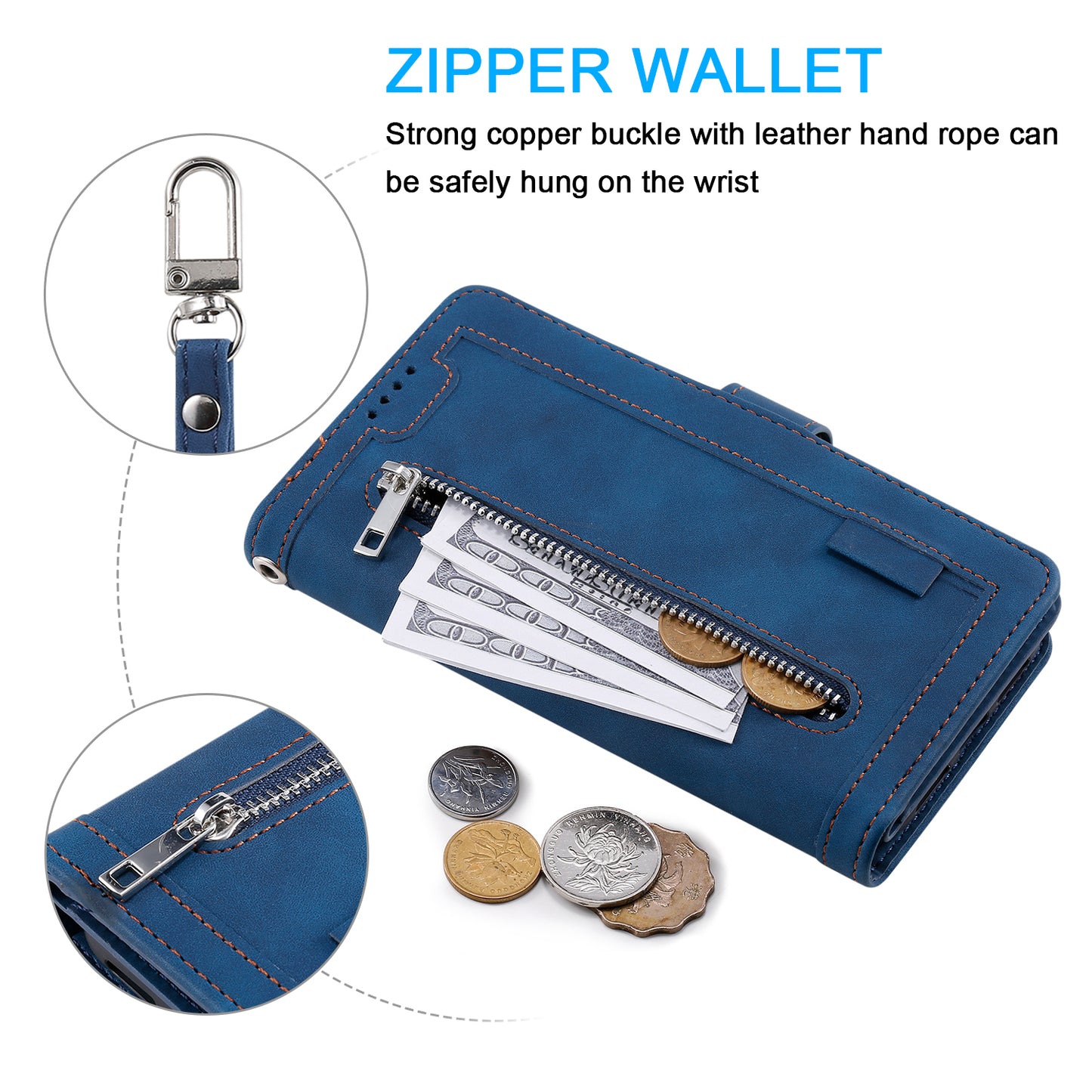 Zipper Pocket Wallet Stand Flip Leather Cell Phone Cover Casing for Samsung Galaxy S20 Plus/S20 Plus 5G - Blue