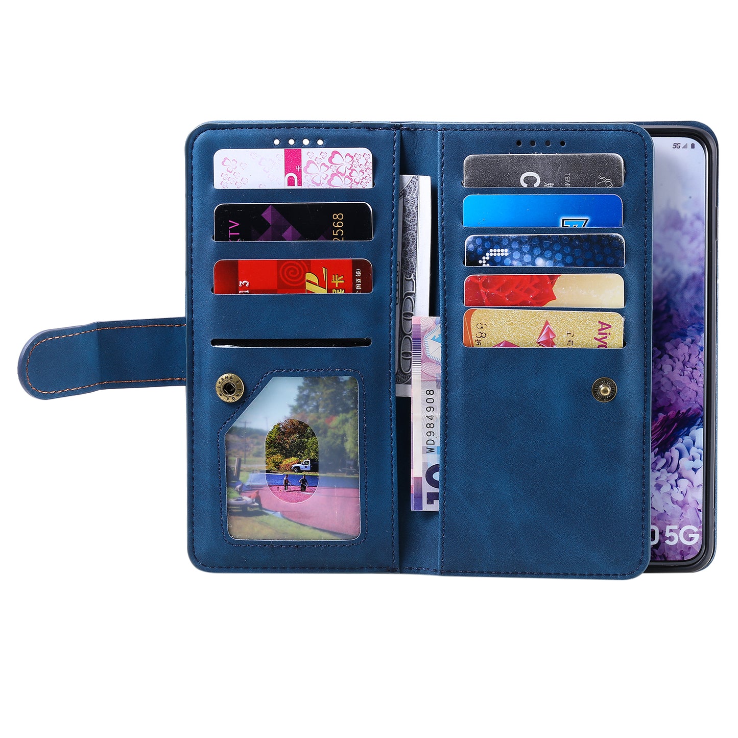 Zipper Pocket Wallet Stand Flip Leather Cell Phone Cover Casing for Samsung Galaxy S20 Plus/S20 Plus 5G - Blue