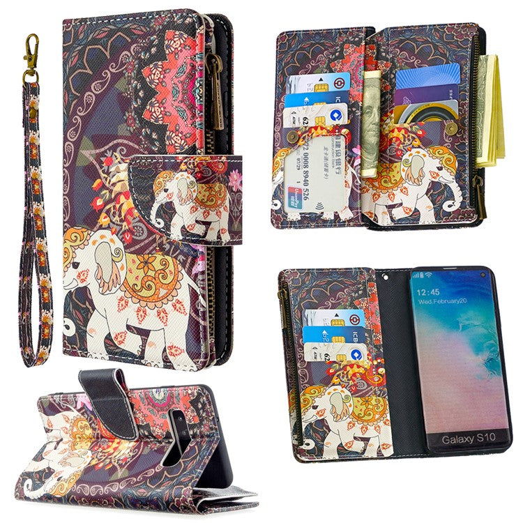 Pattern Printing Zipper Wallet Leather Phone Case for Samsung Galaxy S10 - Elephant
