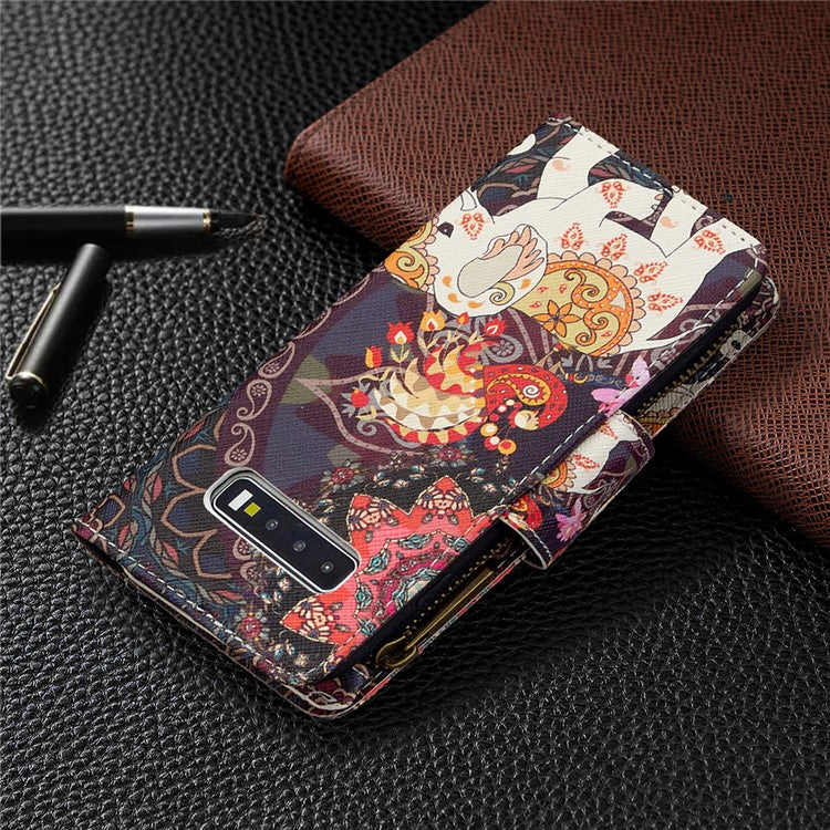Pattern Printing Zipper Wallet Leather Phone Case for Samsung Galaxy S10 - Elephant