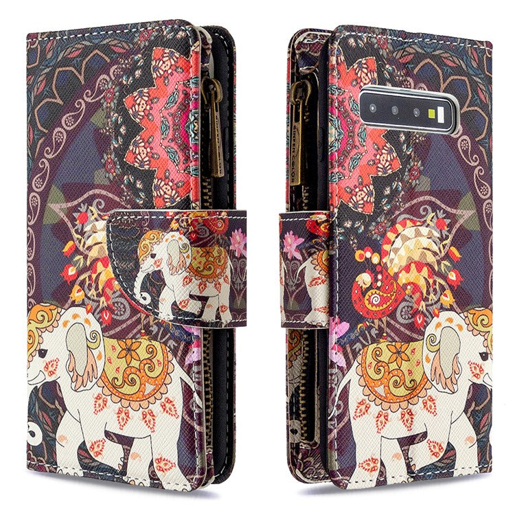 Pattern Printing Zipper Wallet Leather Phone Case for Samsung Galaxy S10 - Elephant