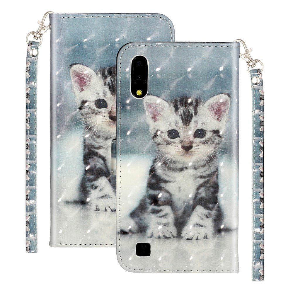 Patterned Embossed Leather Wallet Phone Case with Strap for Samsung Galaxy M10/A10 - Cat