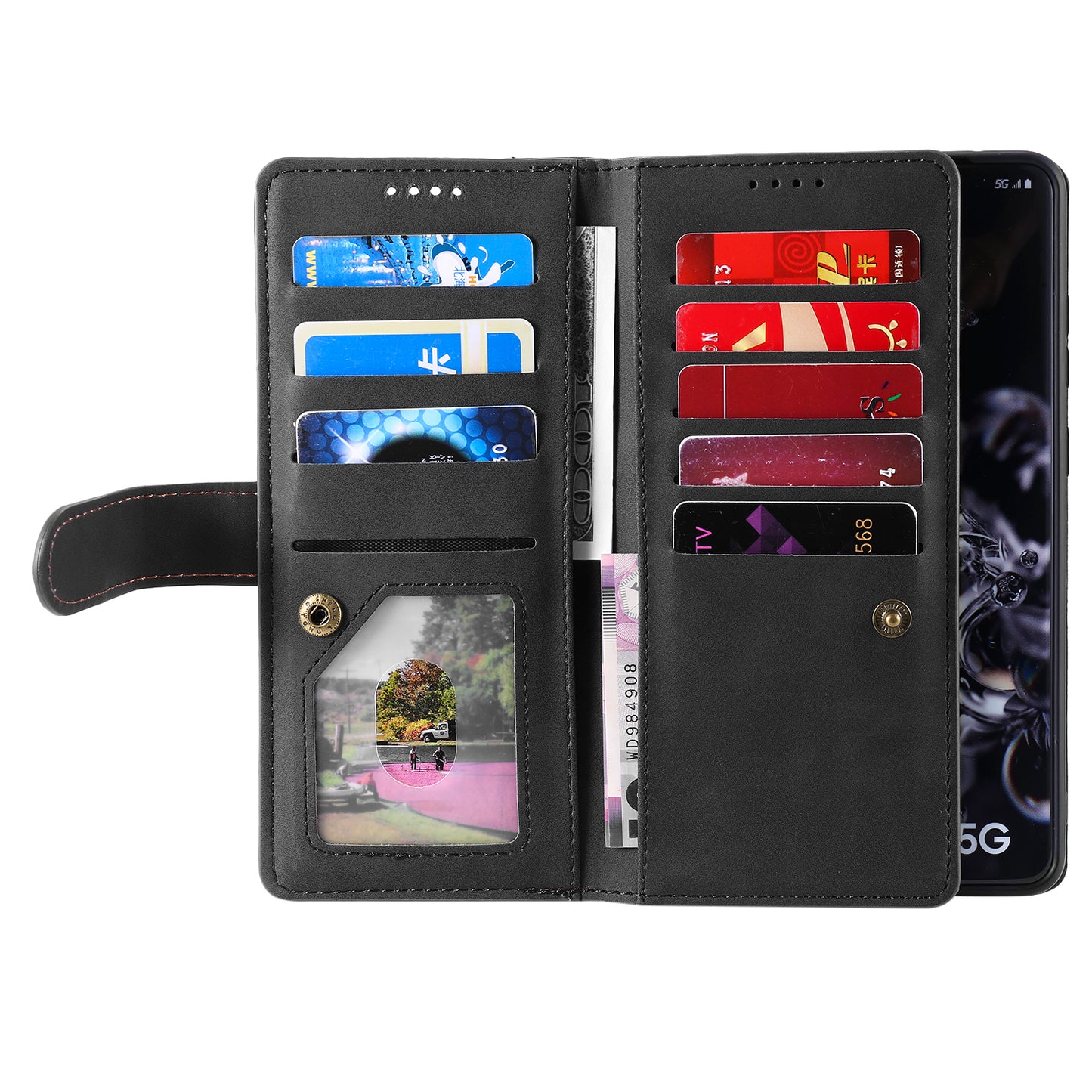 Zipper Pocket 9 Card Slots Leather Wallet Stand Case for Samsung Galaxy S20 Ultra - Black