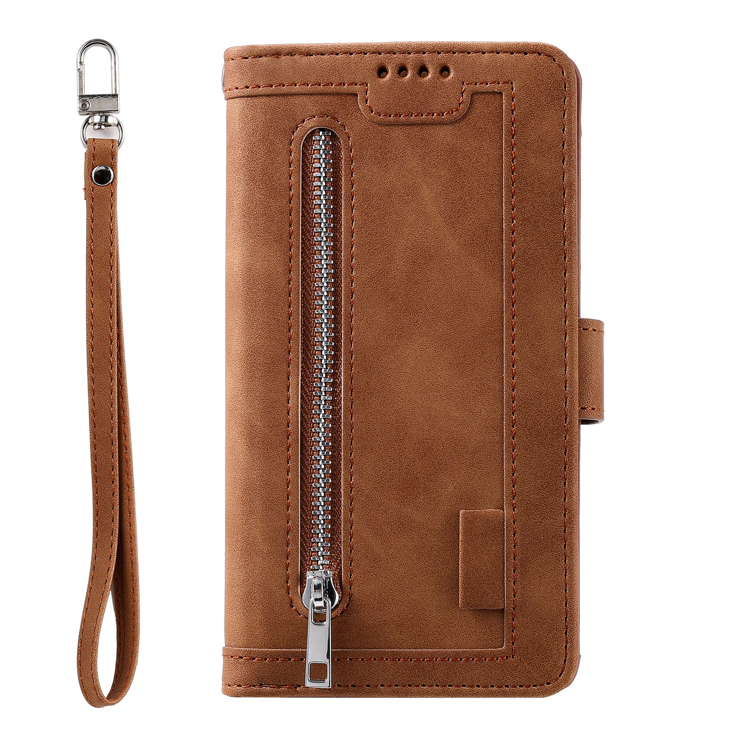 Zipper Pocket 9 Card Slots Leather Wallet Stand Case for Samsung Galaxy S20 Ultra - Brown