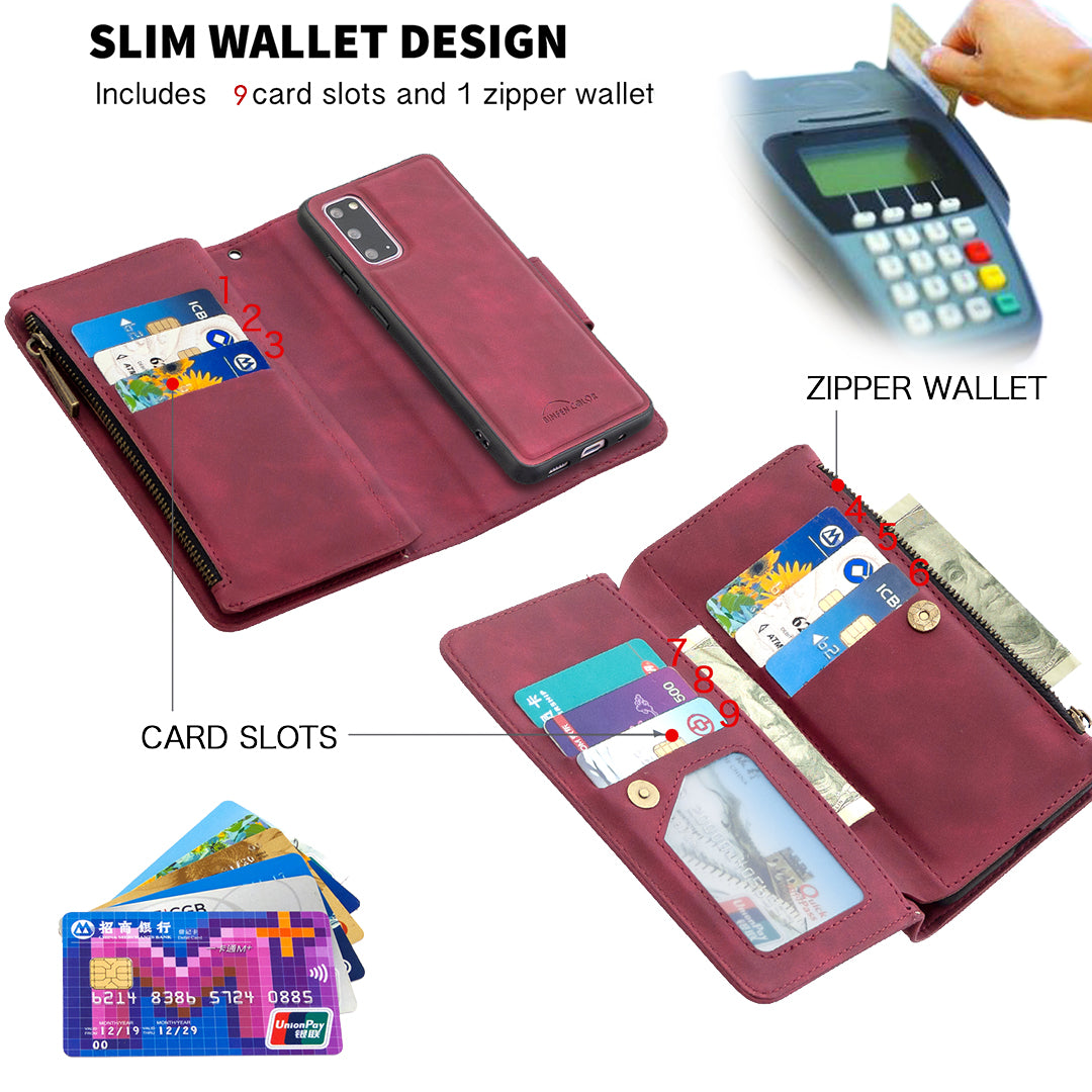 Zipper Pocket Detachable 2-in-1 Leather Wallet Stand Phone Case for Samsung Galaxy S20 4G/S20 5G - Red