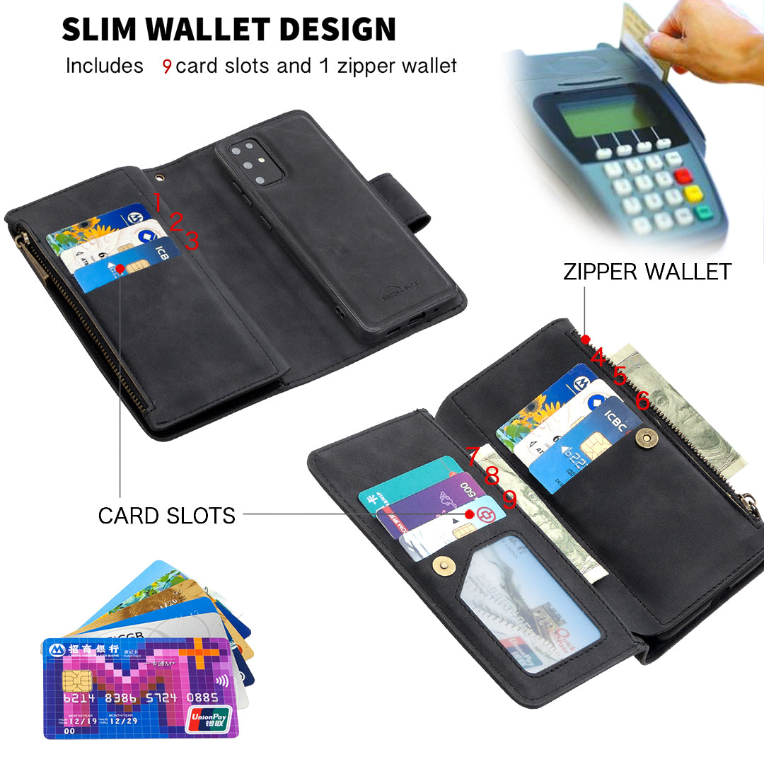 Zipper Pocket Detachable 2-in-1 Leather Wallet Stand Cell Phone Cover for Samsung Galaxy S20 Plus/S20 Plus 5G - Black