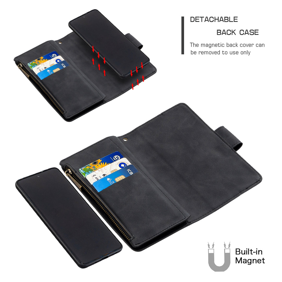 Zipper Pocket Detachable 2-in-1 Leather Wallet Stand Cell Phone Cover for Samsung Galaxy S20 Plus/S20 Plus 5G - Black
