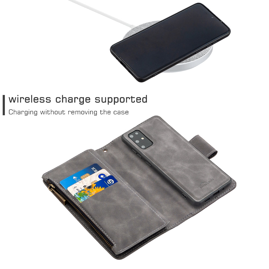 Zipper Pocket Detachable 2-in-1 Leather Wallet Stand Cell Phone Cover for Samsung Galaxy S20 Plus/S20 Plus 5G - Grey