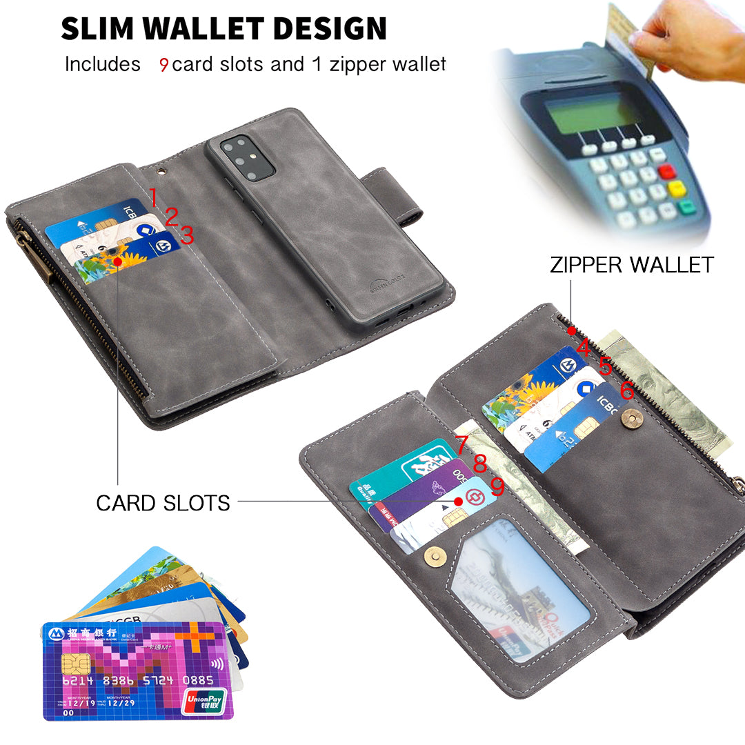 Zipper Pocket Detachable 2-in-1 Leather Wallet Stand Cell Phone Cover for Samsung Galaxy S20 Plus/S20 Plus 5G - Grey